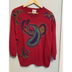 Leslie Fay Sportswear Red Embroidered Sweater Size M 3/4 Sleeve V-Neck  (Q37)